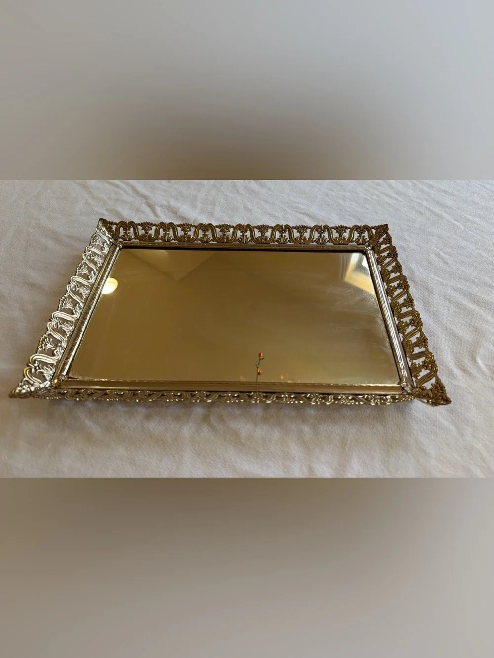 VTG Ornate Silver Filigree Rectangular Vanity Mirror with Decorative Frame